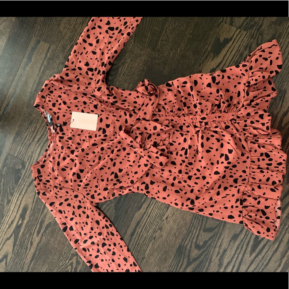 Rust ruched button side Dalmatian print tea dress